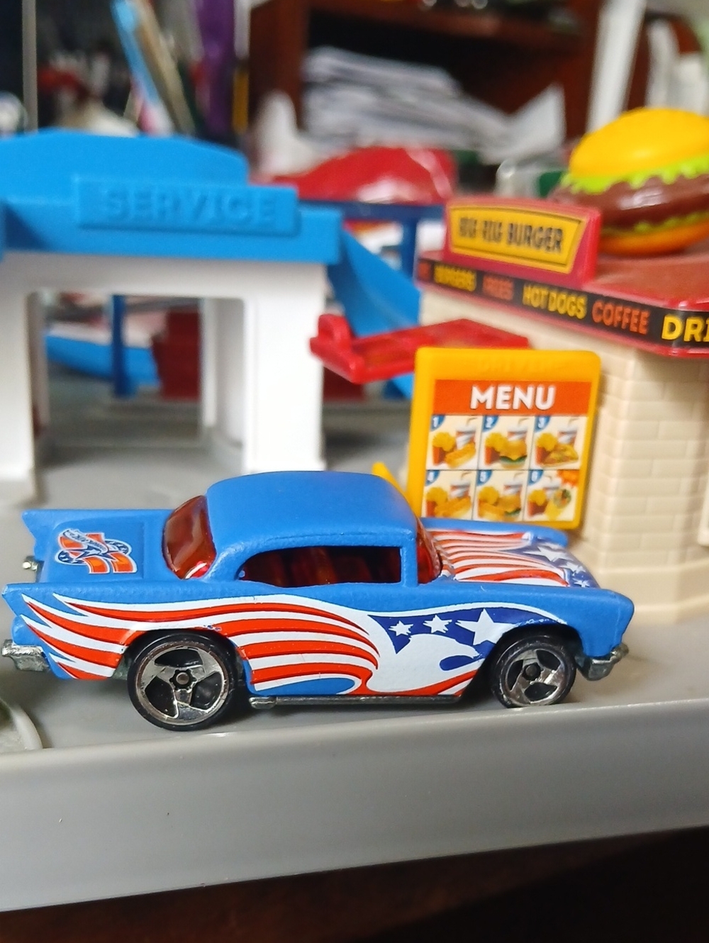 57 Chevy Hot Wheels Blue Die-Cast Car with Stars & Stripes 1976